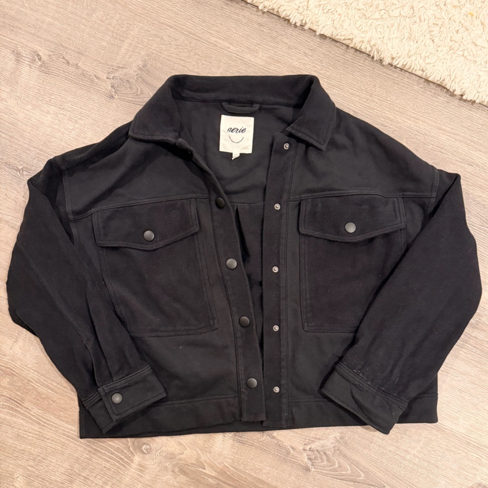 Aerie Oversized Black Cotton Snap Front Shacket Jacket Large